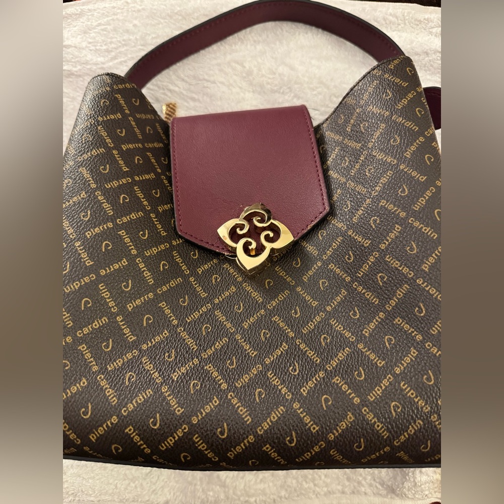 Pierre Cardin Burgundy and Brown Monogram Shoulder Bag
